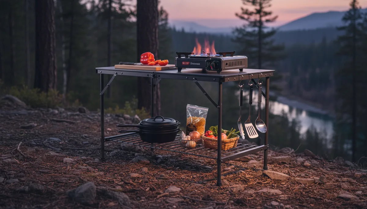 camp coffee table - foldable cooking table with stove, tools, and adjustable legs on uneven ground