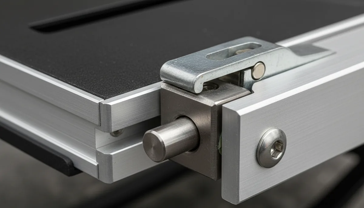 camp coffee table - close-up detail of a metal leg lock mechanism on a camp table