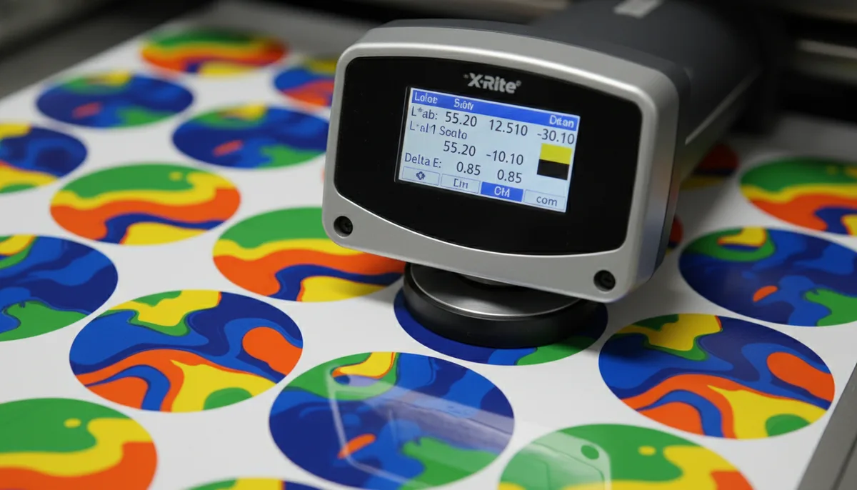 Spectrophotometer measuring Delta E color accuracy on custom printed round labels