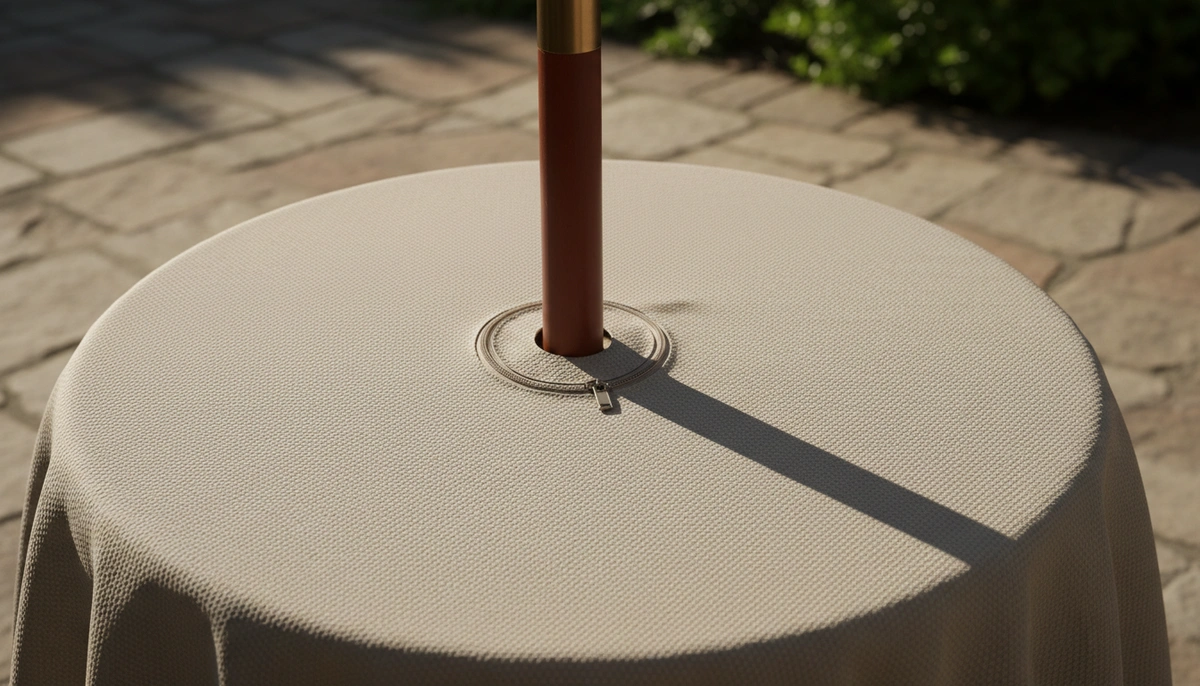 round table cloth with zipper — fitted on a 24-inch round wood table with umbrella pole, beige ripstop polyester
