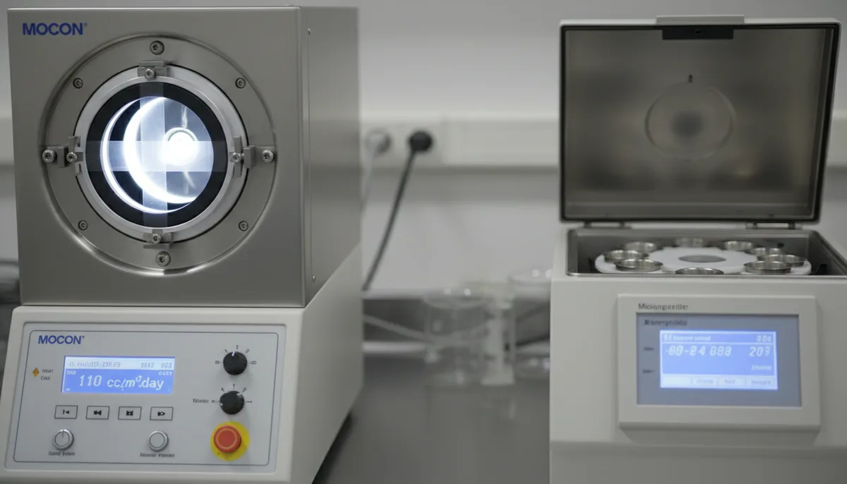 biodegradable vs compostable packaging material selection - close-up of MOCON oxygen transmission tester and moisture...