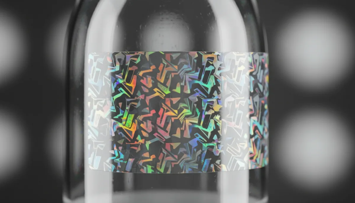 custom label printing for packaging: close-up of durable BOPP film label with tamper-evident feature for packaging