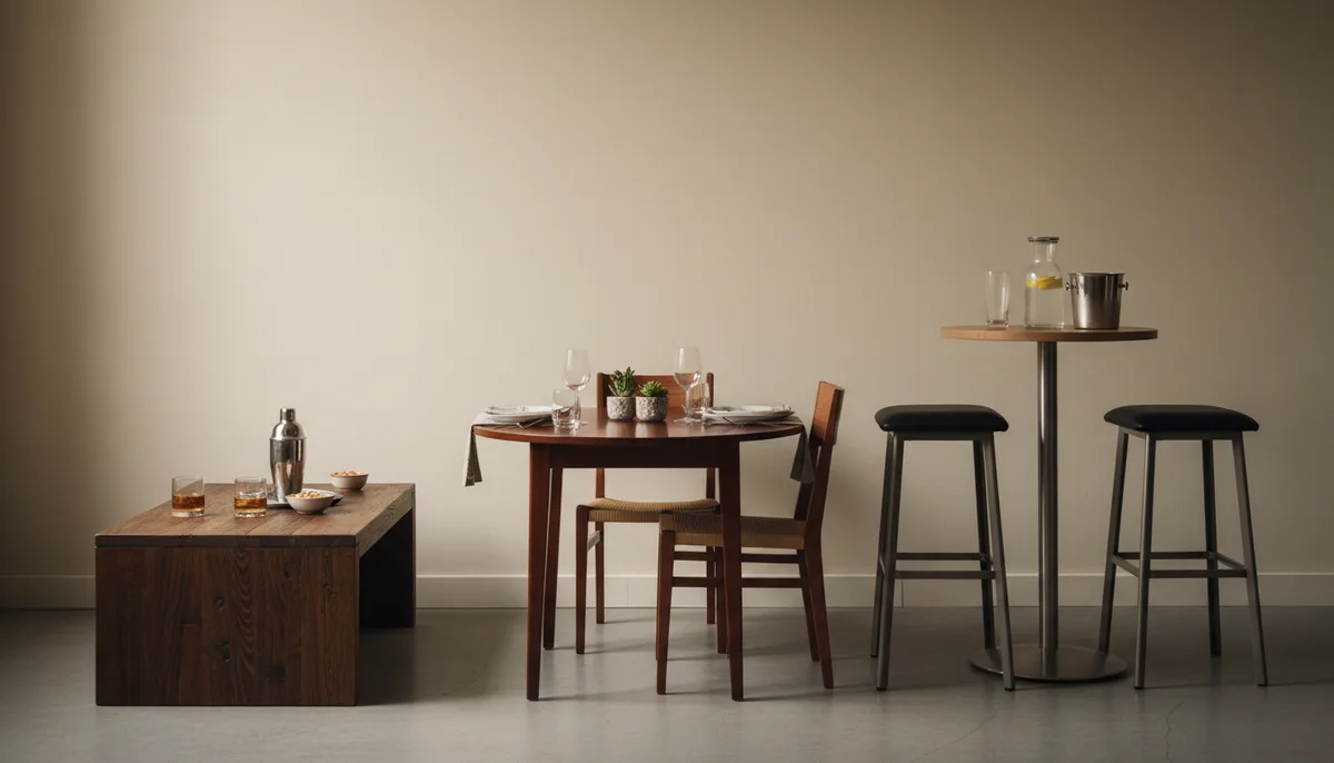 Height comparison of wood cocktail table, dining table, and bar table