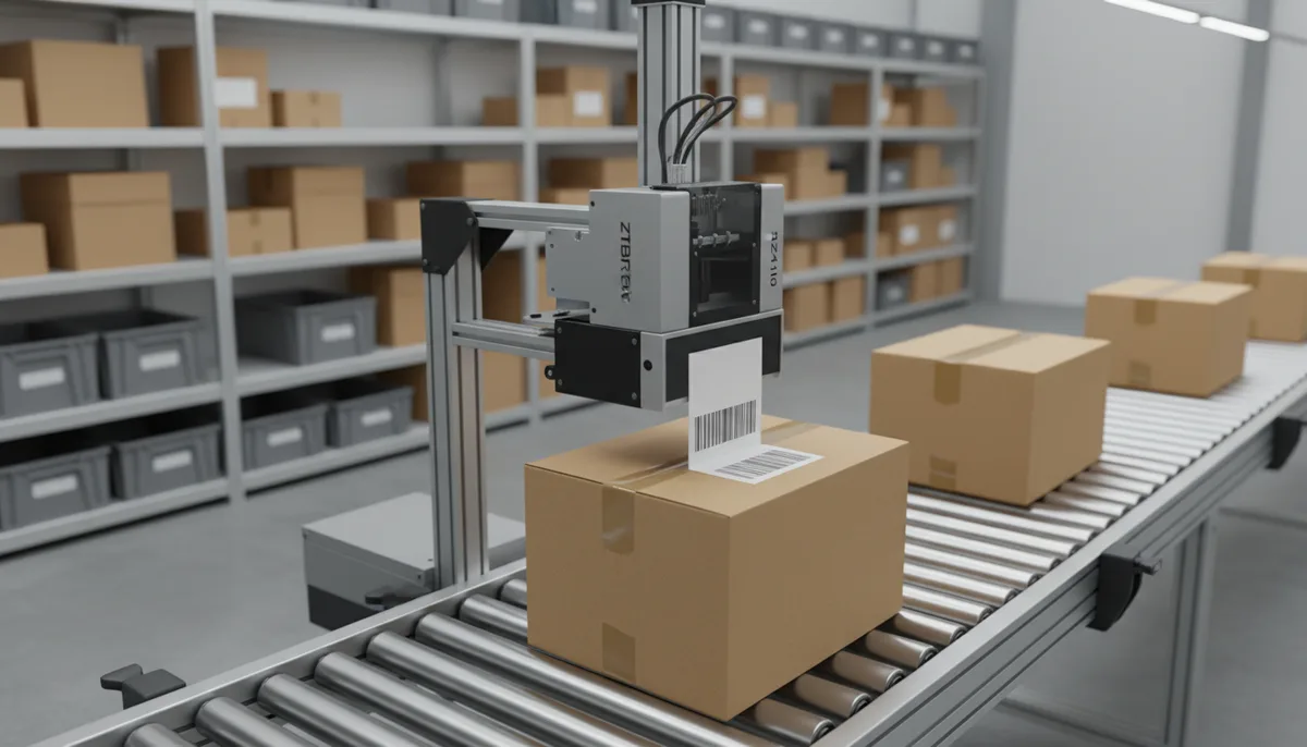 industrial label printing - automated print and apply label system dispensing label onto shipping carton