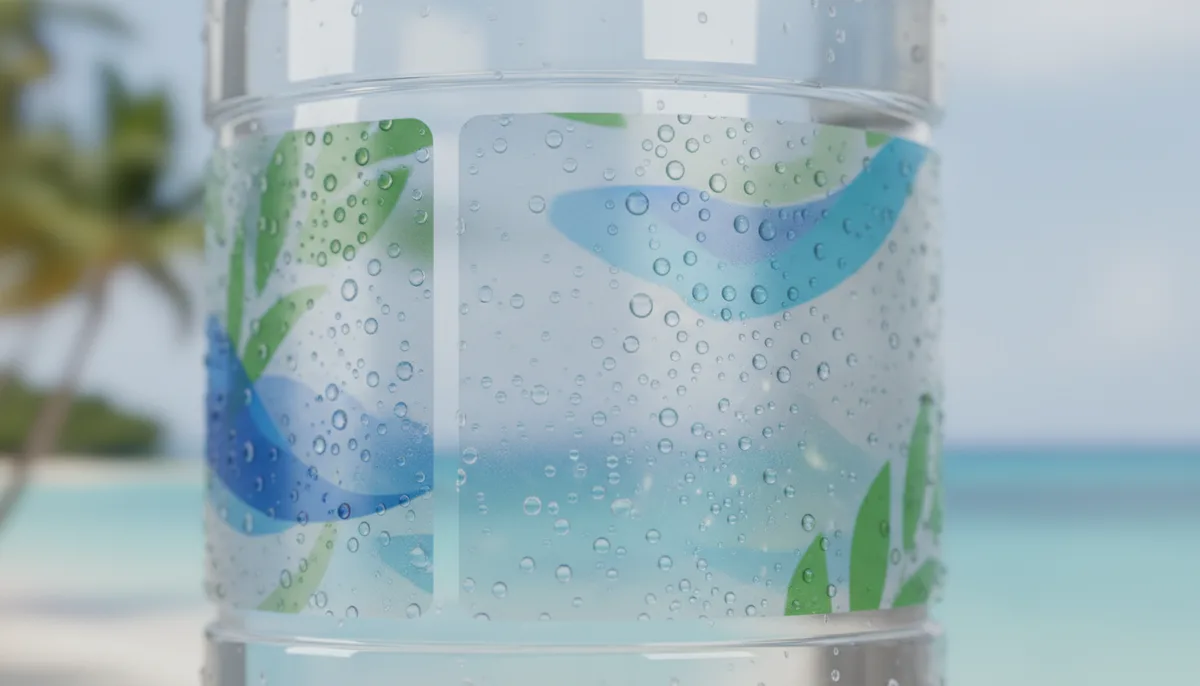 food and beverage label printing: close-up of durable BOPP film label for water bottle printing