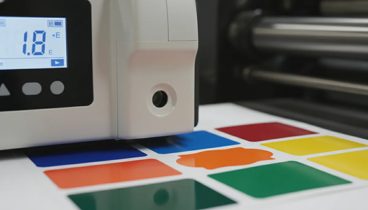 label printing company: spectrophotometer verifying Pantone color accuracy on a custom printed label proof