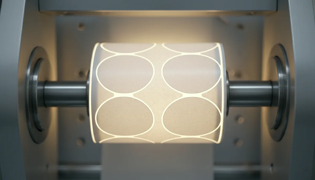 white label printing company - close-up back-light inspection of a pressure-sensitive label roll for adhesive consistency
