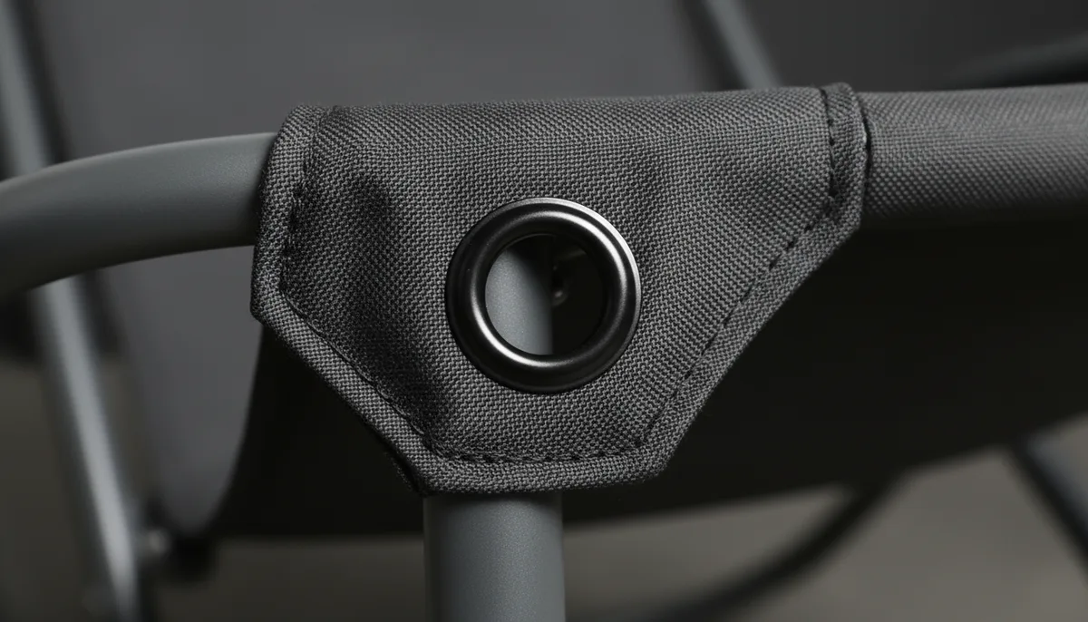 best portable chairs for sporting events: close-up of 600D Oxford fabric and reinforced grommet on commercial folding chair