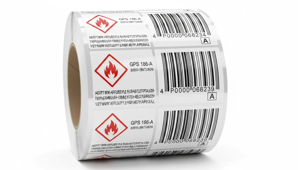Combined GHS hazard and UPC barcode label on white film
