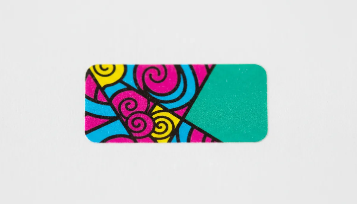 Close-up of a precisely die-cut 3.5 x 1.75 custom printed label