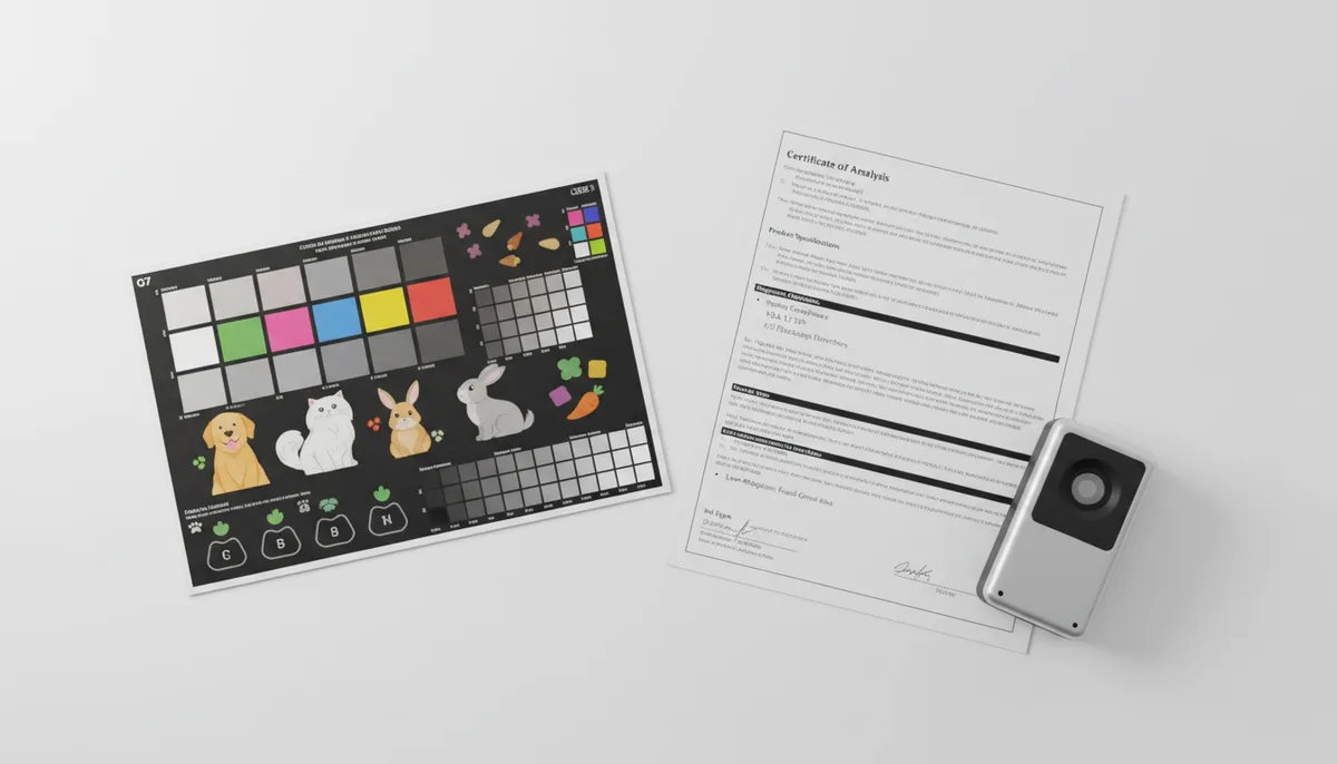 G7 color proof and FDA ink compliance documentation for pet food packaging