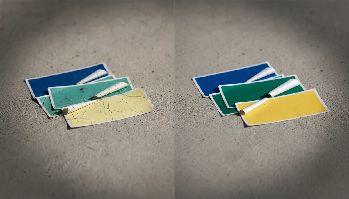 label makers inc — comparison of paper vs. vinyl label stickers after 6 months of outdoor exposure showing durability...