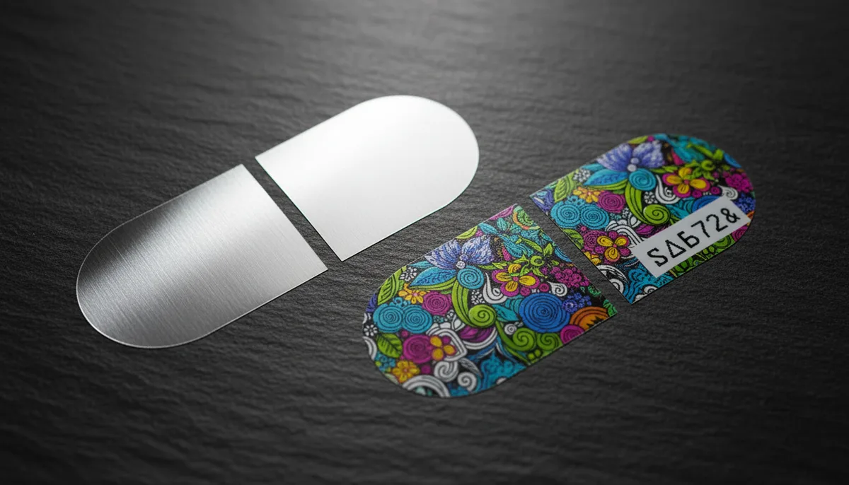 Side-by-side comparison of hybrid printing: flexo metallic base vs. finished digital overprint