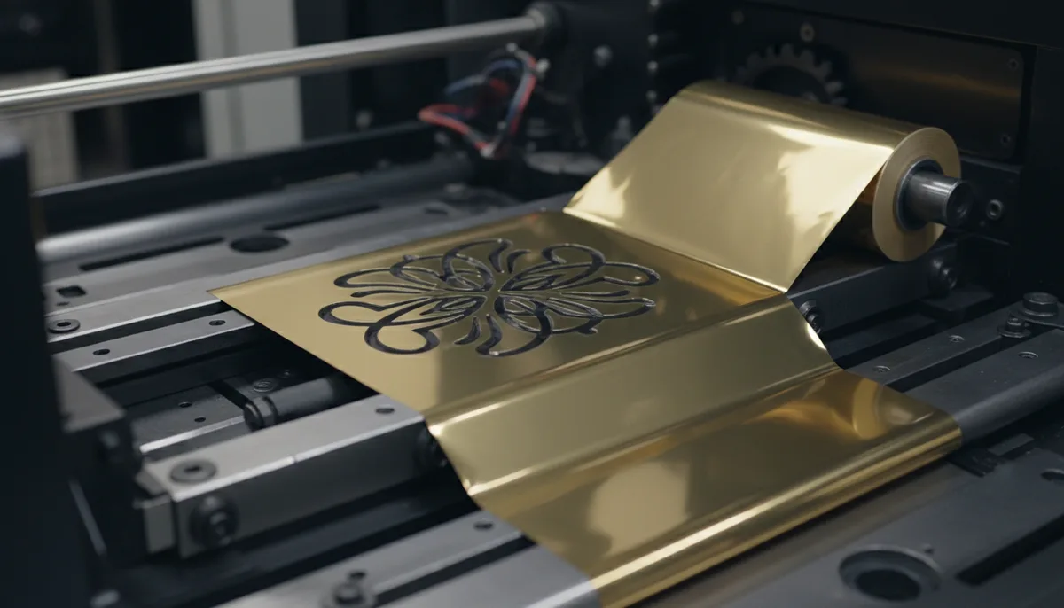 foil label printing: hot foil stamping die and foil setup on Bobst press for premium label printing