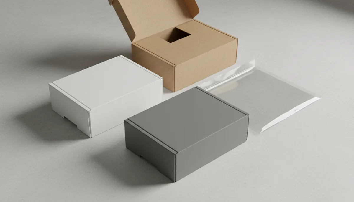 white-label packaging fulfillment for reseller programs - flat-lay of diverse unbranded packaging material samples...