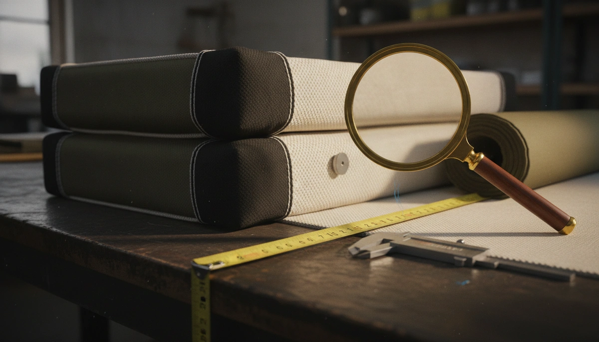 per room mattress bundle — sample approval process with dimensional check, fabric inspection, and packaging test