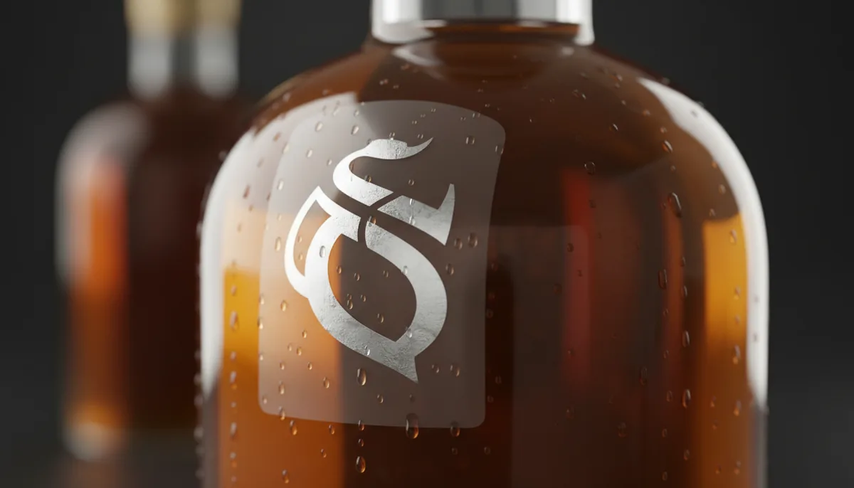 foil-stamped product labels printing services - foil-stamped clear polyester label on a glass bottle