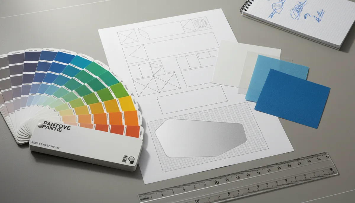 where can i print sticker labels near me - organized label spec sheet with material swatches and Pantone chips