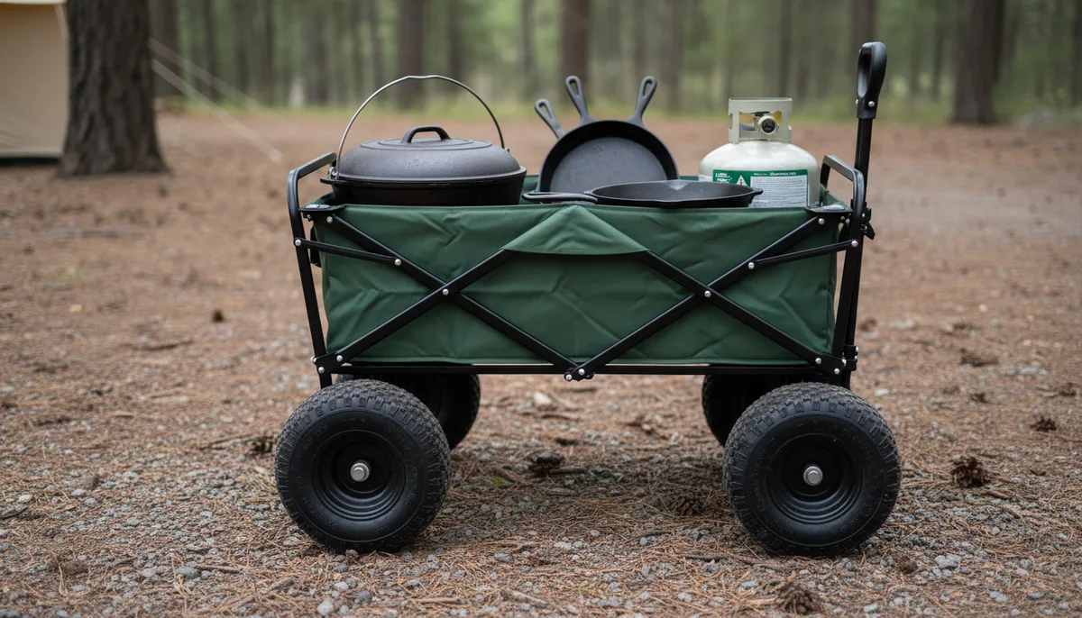 cast iron cookware for camp kitchens - heavy-duty folding wagon loaded with cast iron Dutch ovens and skillets