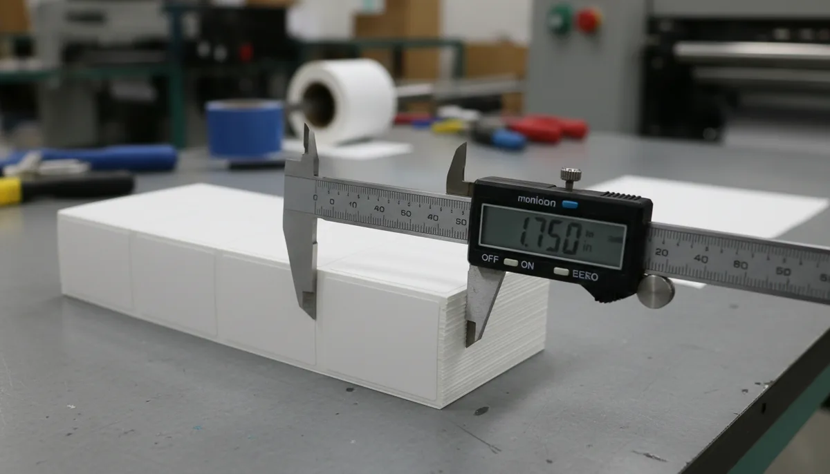 Using digital calipers to verify 3.5 x 1.75 label dimensions