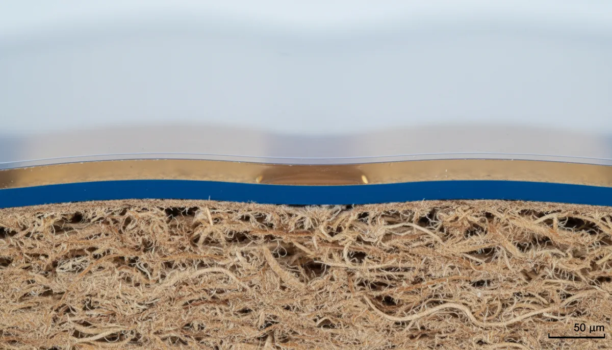 thermal lamination film thickness for food packaging - micrograph cross-section view of laminated packaging layers:...