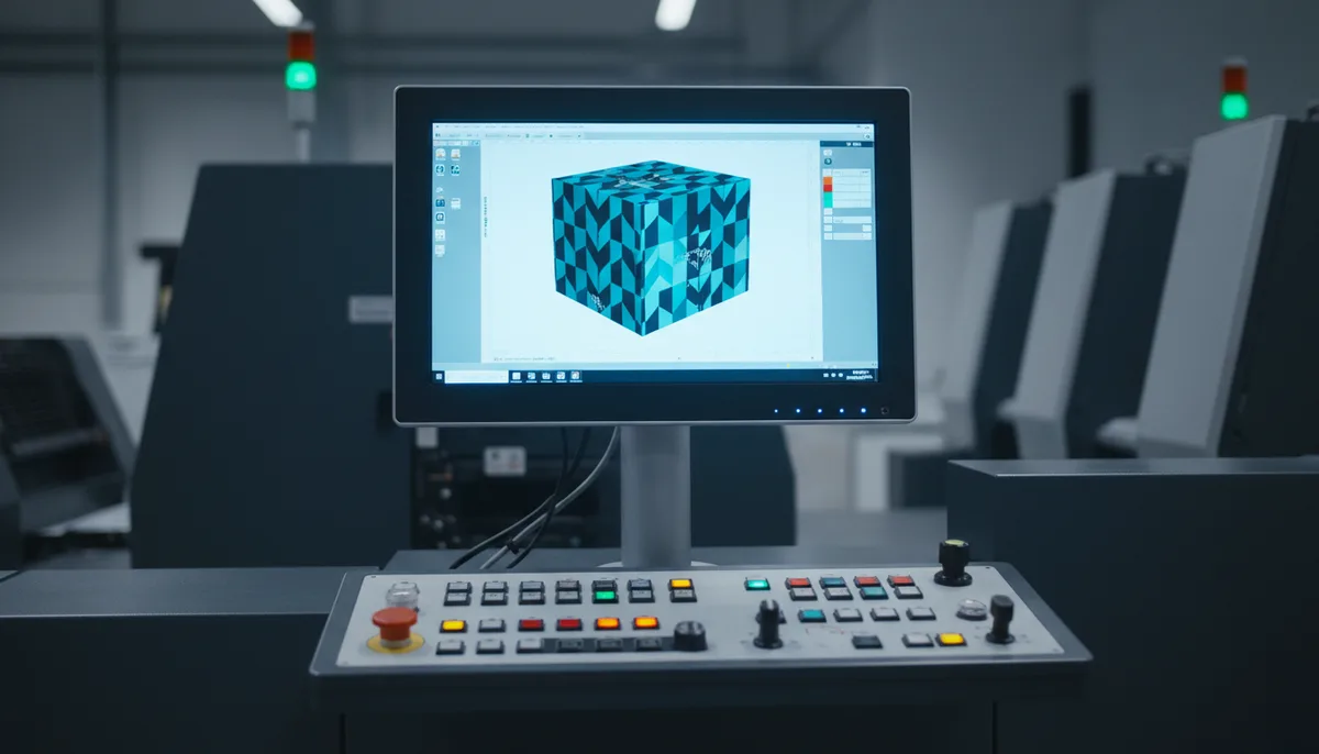 white-label packaging fulfillment for reseller programs - close-up of a Heidelberg press console and monitor showing a...