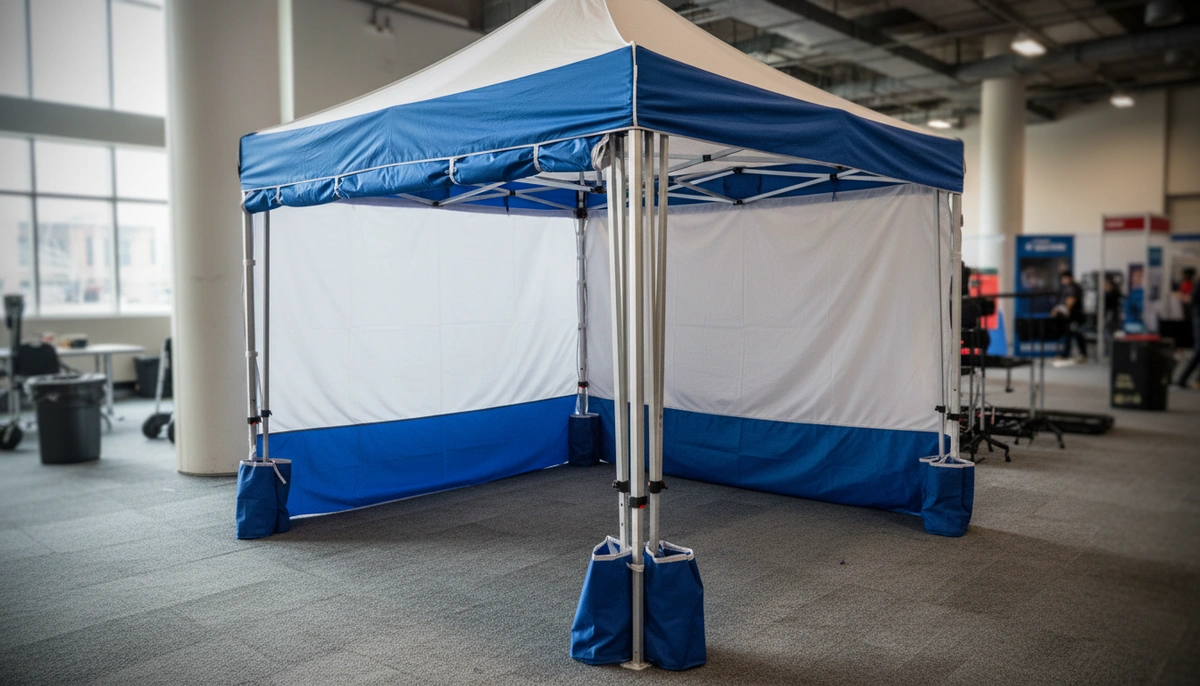 pop up canopies 10x10 — trade show setup with sidewall attachments and aluminum frame