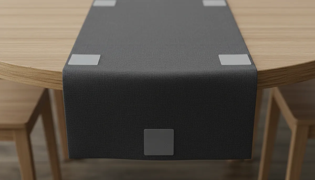 Table runner on round table secured with silicone grip pads