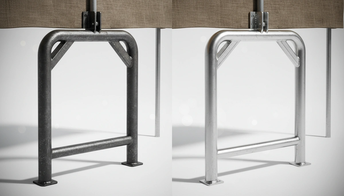 outdoor work tent — steel frame vs aluminum frame comparison showing thicker gauge and reinforced joints