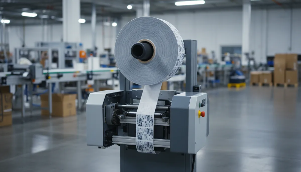 Master roll of printed neck labels on an automatic applicator unwind stand