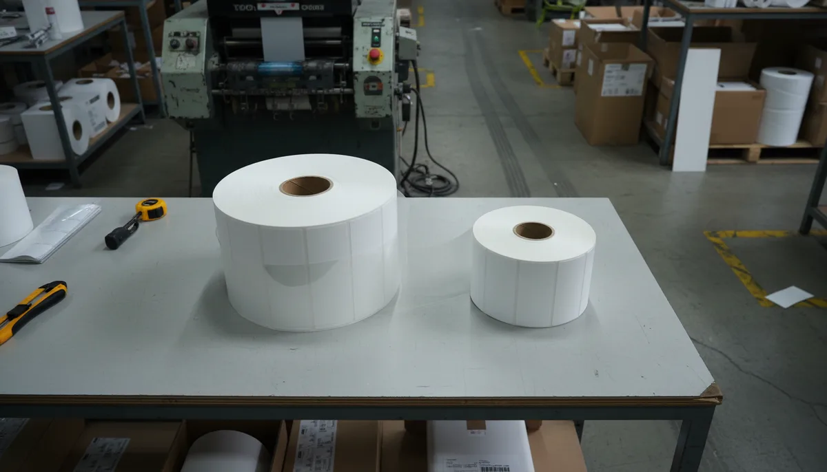 custom label printing - comparison of standard label roll with liner vs new linerless label roll