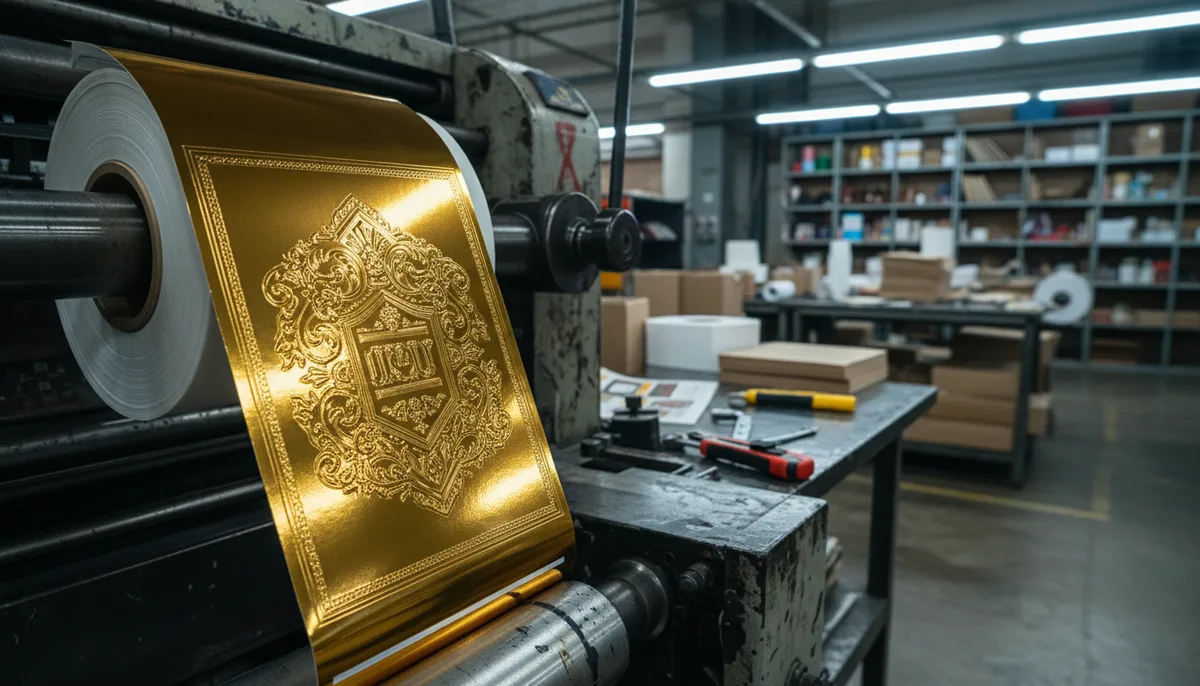 custom label printing - close-up of premium label with cold foil, tactile spot UV, and embossing