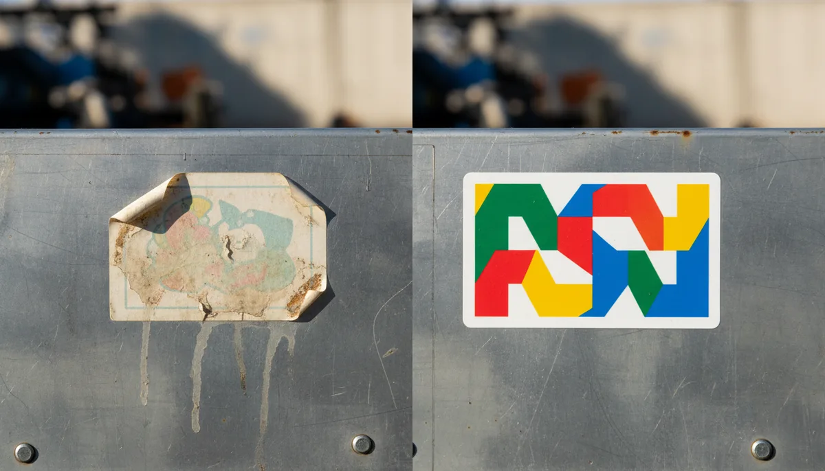 make custom stickers: comparison of failed paper sticker vs durable vinyl custom label after outdoor exposure