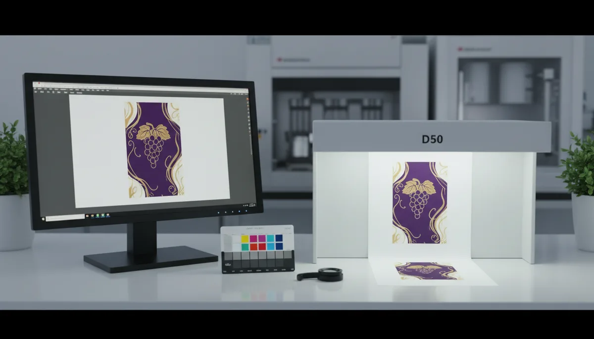 short run digital label printing - final verification of TTB-approved wine label under D50 lighting