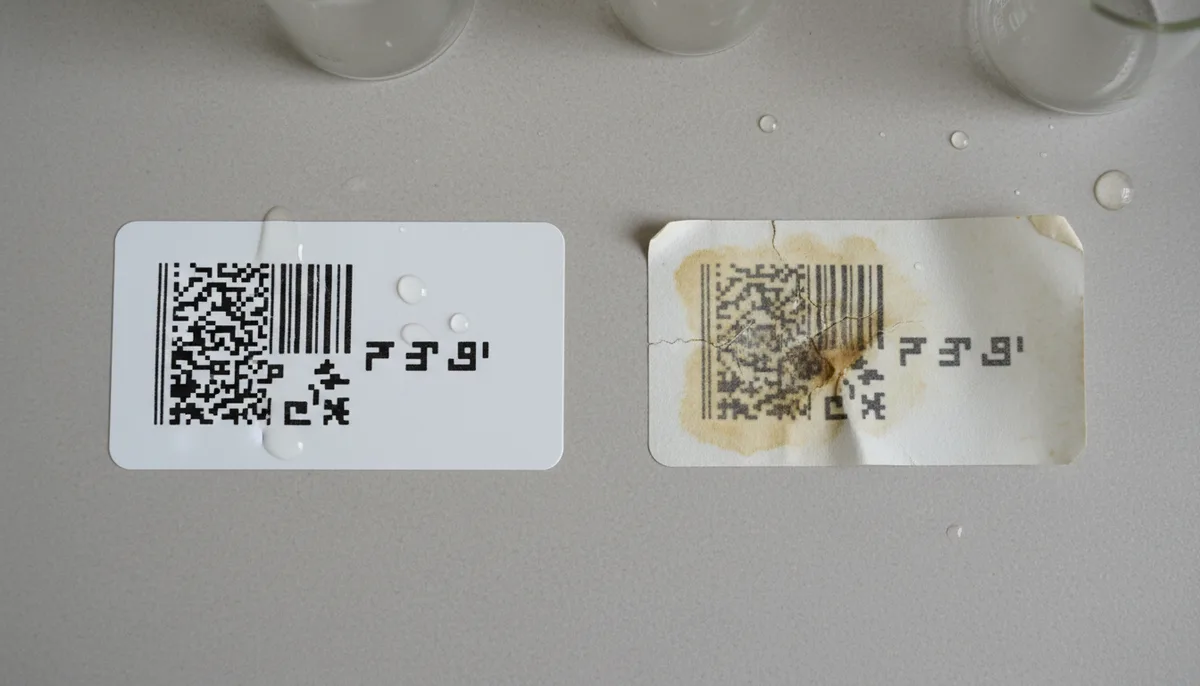 cannabis testing label printing - durability comparison: synthetic PET vs paper label after chemical exposure
