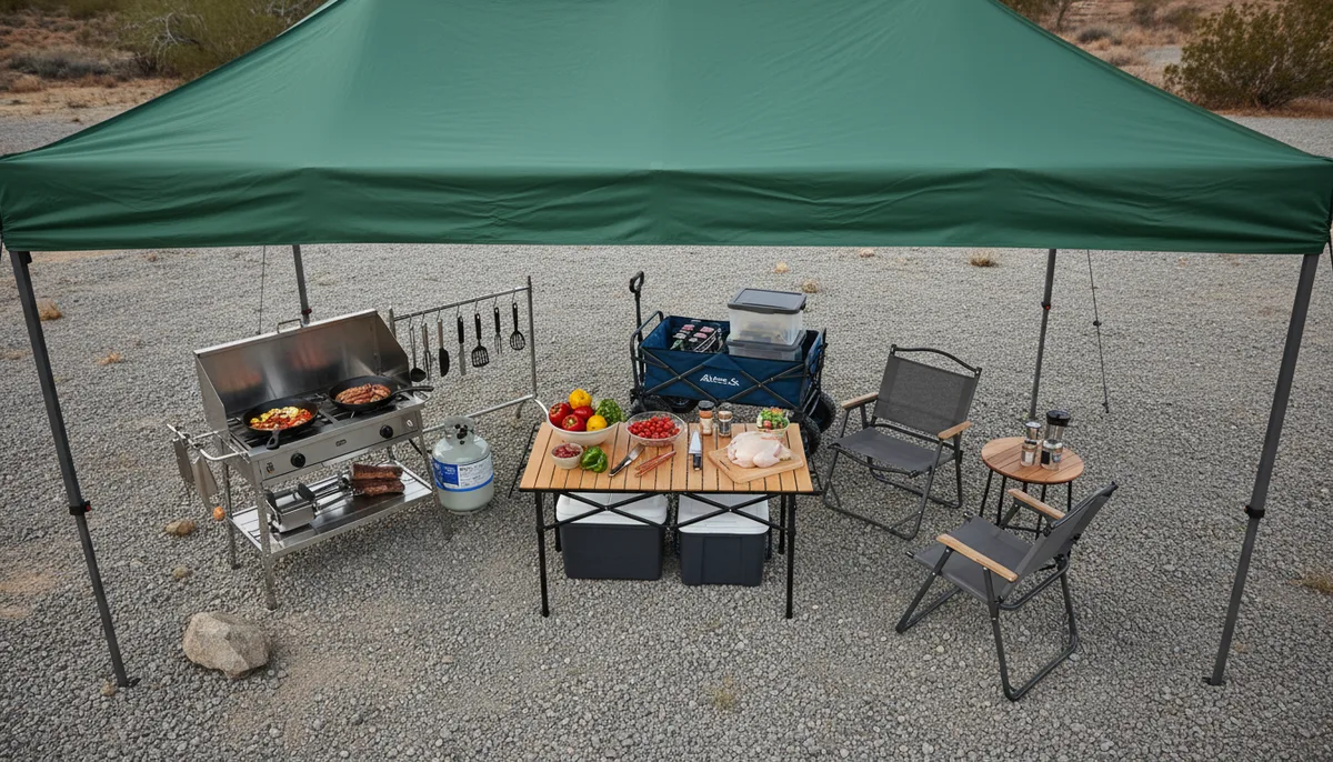 cast iron cookware for camp kitchens: commercial camp kitchen layout with canopy, cooking, prep, and seating zones