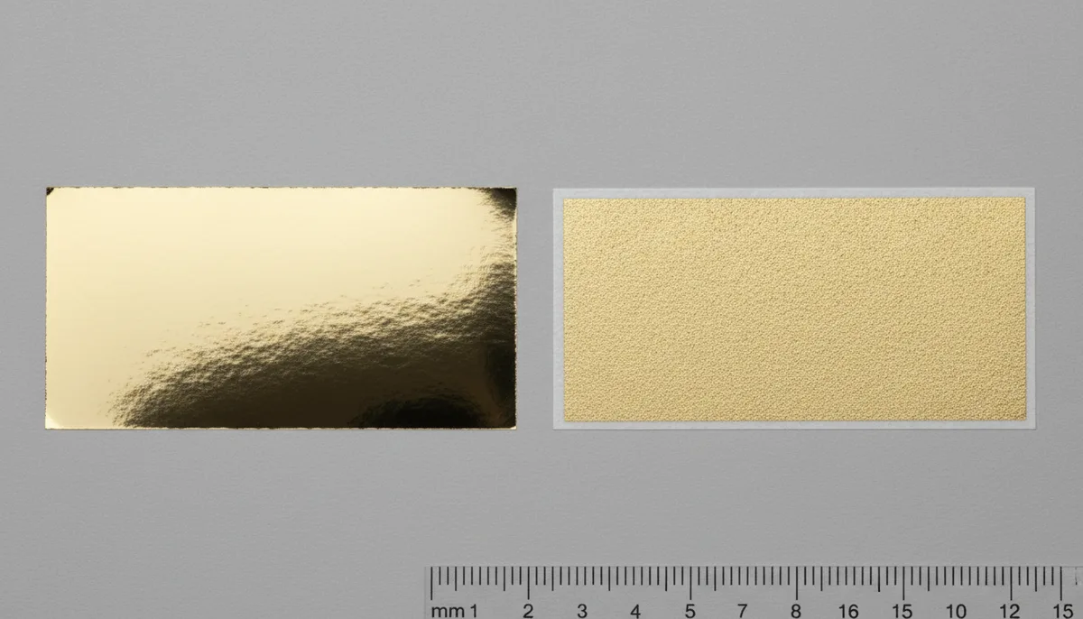 Close-up comparison of foil stamping vs screen-printed metallic ink for custom printed gold labels