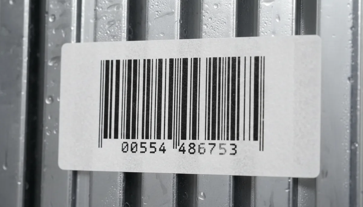 Close-up of a high-quality serialized GS1-128 barcode on cold-chain PET film for supply chain integration.