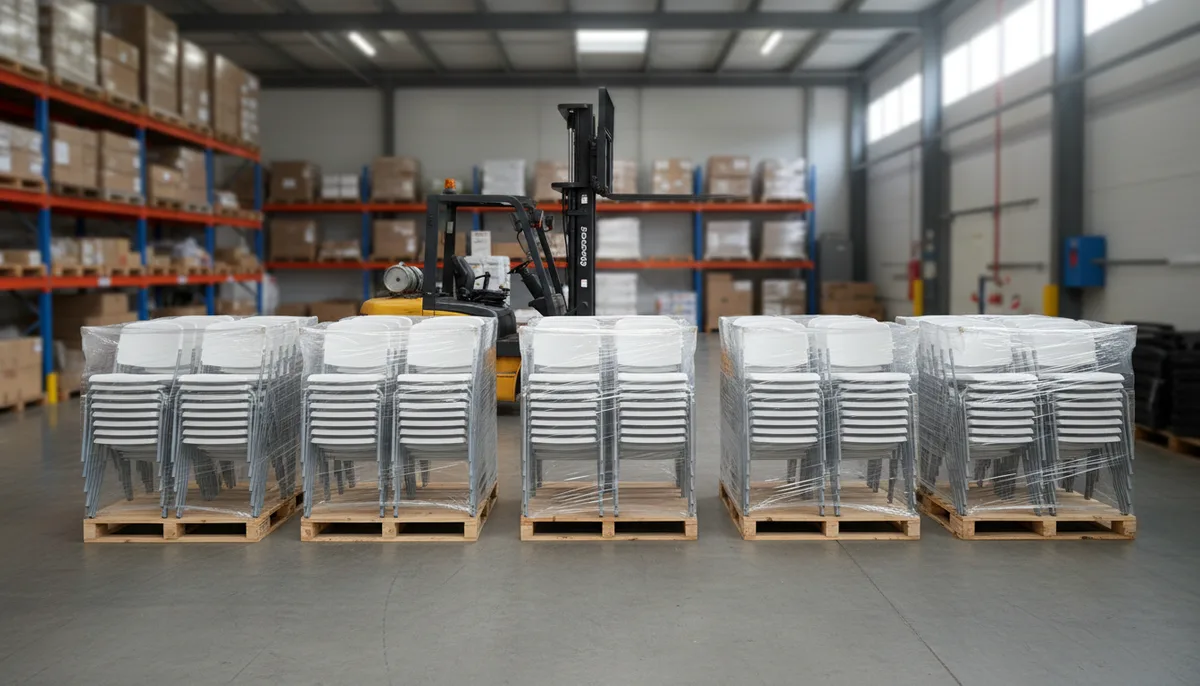 Palletized shipment of commercial folding chairs for warehouse storage
