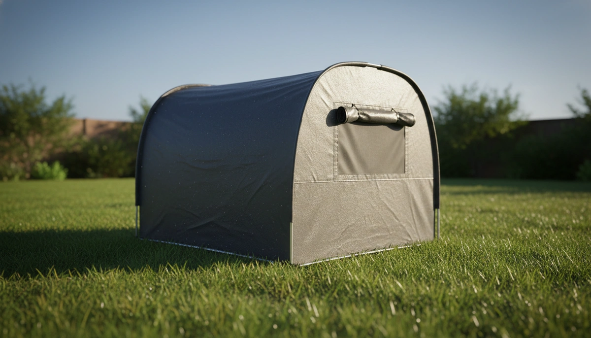 outdoor bike tent — compact steel frame tent with waterproof fabric on grass