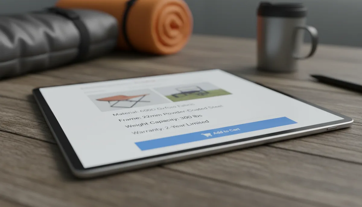 drop shipping camping chairs - ecommerce product page for a camping chair highlighting material specs and warranty