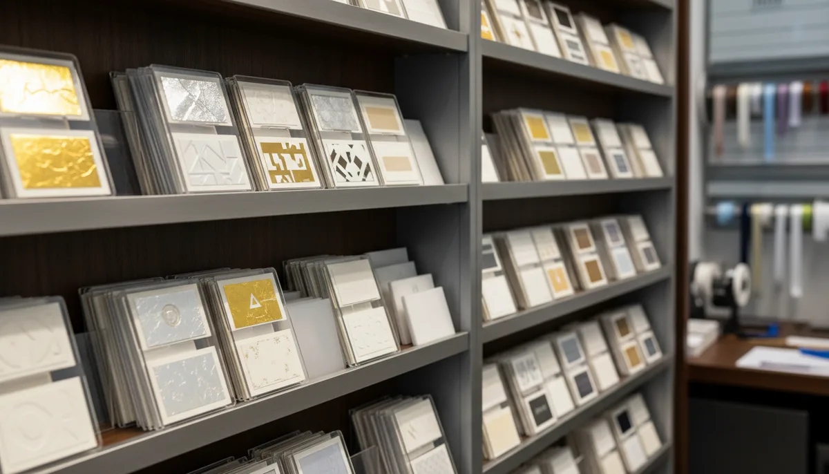 white label printing company - shelf of archived client label samples and material swatches for consultation