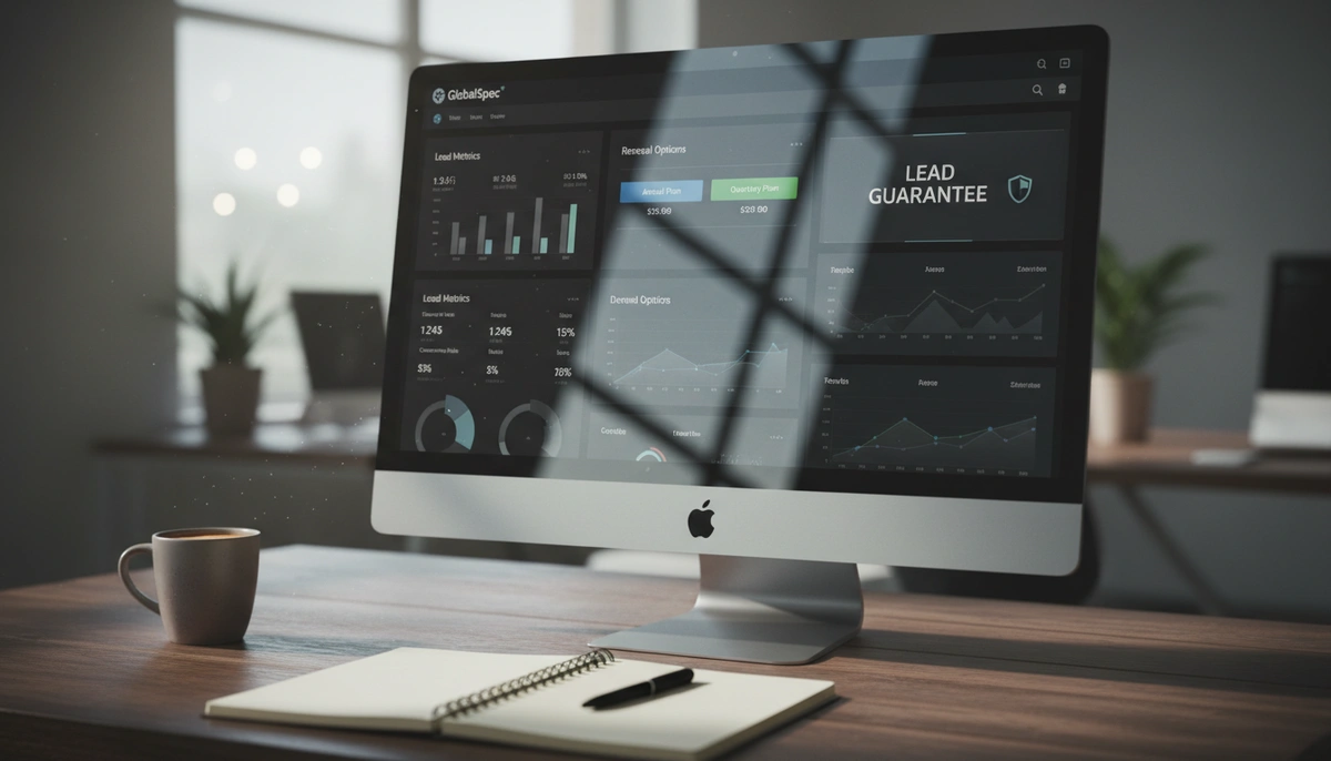 GlobalSpec lead guarantee questions — platform dashboard showing lead metrics and renewal options for industrial...