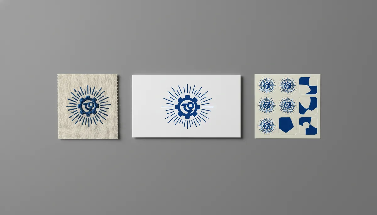 business card printing service - brand system showing coordinated business cards, custom sewing labels, and product stickers.