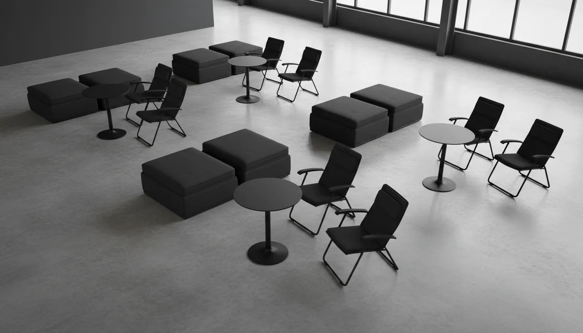 Commercial lounge bundle with round cocktail tables, chairs, and mattress displays