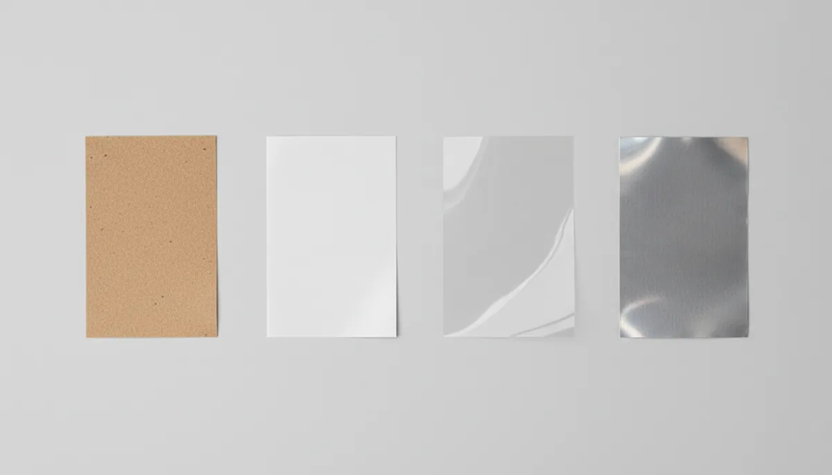 Flat-lay comparison of label materials: Kraft paper, BOPP, PET, and metallic film
