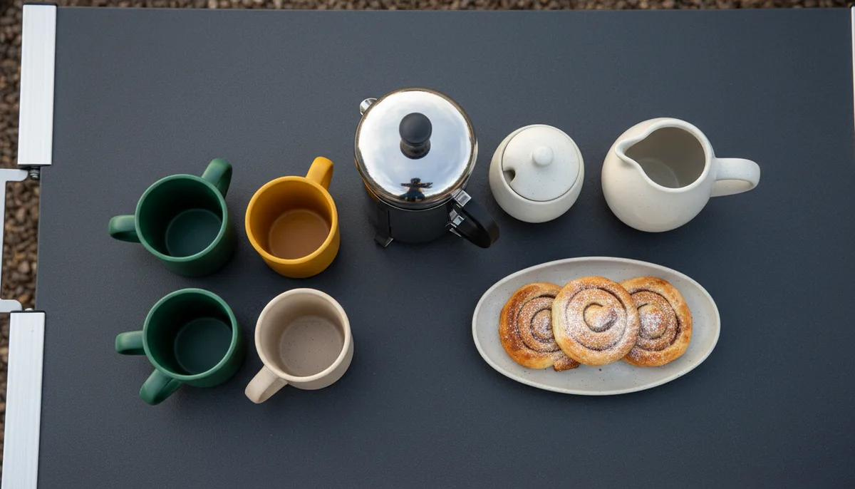 Optimal layout for a camp coffee table station with French press and mugs