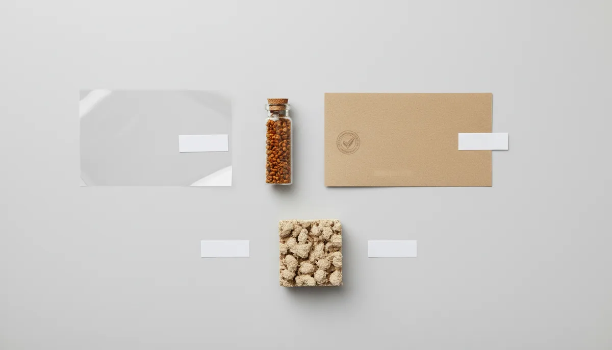 biodegradable vs compostable packaging material selection - comparison flat-lay of sustainable packaging materials: PLA...