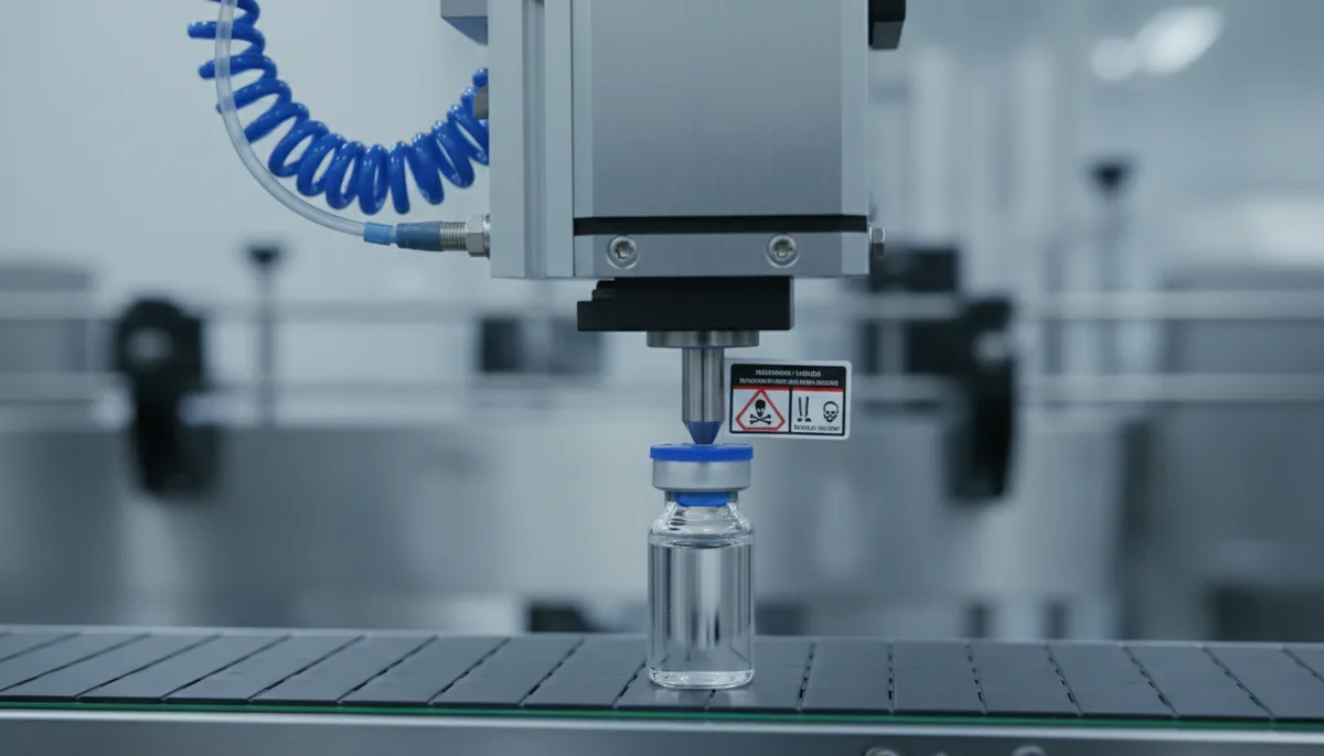 Tamp-blow print and apply label applicator placing a GHS label on a pharmaceutical vial