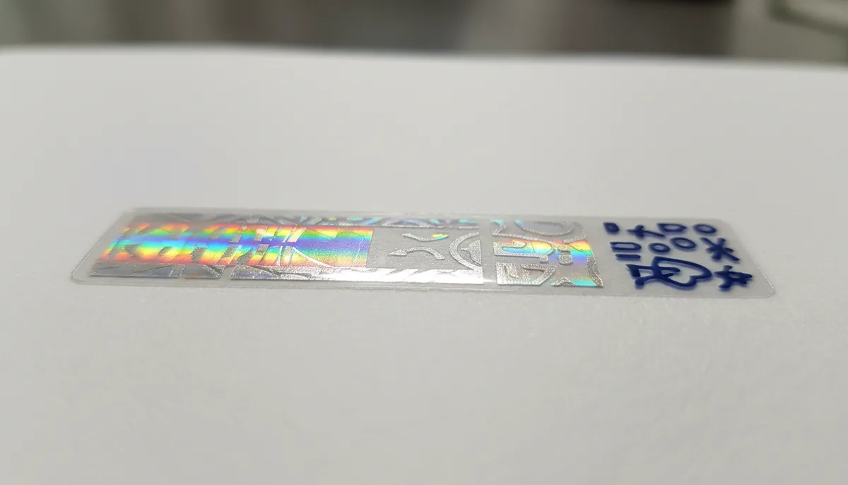 custom printed roll labels - detail of holographic stripe on clear PET neck seal label